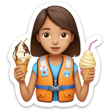 girl kid wearing lifejacket, holding ice cream sticker