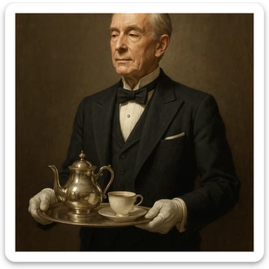 a sophisticated butler, bow tie, serving tea, refined and dignified expression, elegant and formal attire sticker