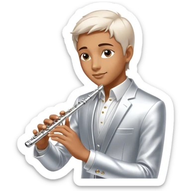 Cinematic Realistic Flute, polished silver metal with precise keywork, soft reflections of warm light dancing along its length, a musician’s delicate fingers pressing the keys, glowing with a sleek and elegant charm. sticker