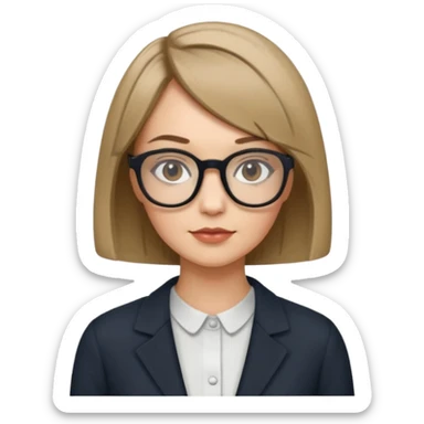 woman dark blonde petite bob haircut wears dark squarish glasses, classic clothes sticker