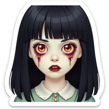 vintage zombie girl, long black straight hair with bangs sticker