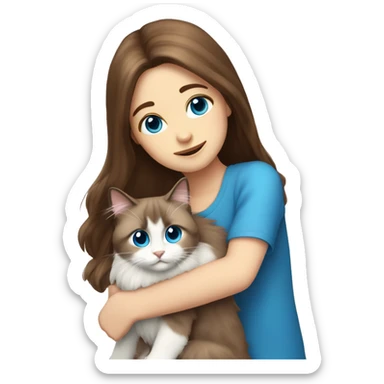 girl with brown hair and hug ragdoll cat with blue eye sticker