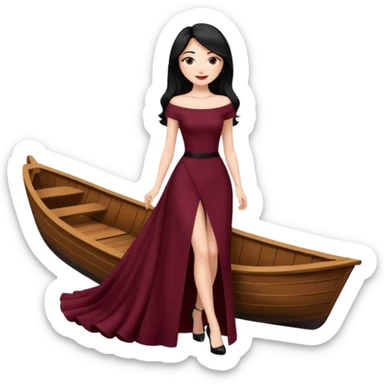 Chica blanca ,ojos marrones, vestido granate muy largo sexy escote barco,  cuerpo entero pelo negro y largo zapatos negros tacon sticker