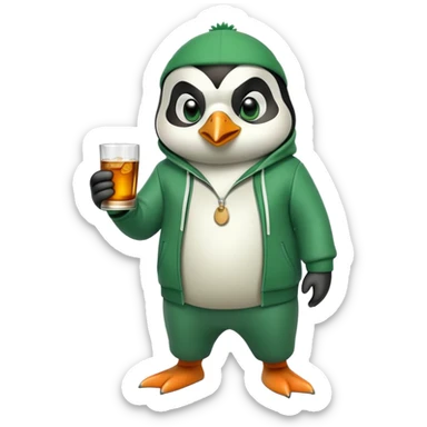 full body friendly anthropomorphised penguin wearing green mafia-style tracksuit, angry confident scheming stance, holding glass of whiskey sticker