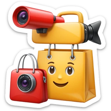 map pin with shopping bag and video camera, modern and bright, apple style emoji sticker