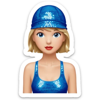 Taylor Swift wearing a one piece blue bathing suit with sparkly sequin straps. She is also wearing a sequin blue swim cap with a sequin strap going under her chin.  sticker