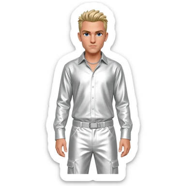 Nick Carter from Backstreet Boys with blue eyes, blonde hair, white metallic shirt, white metallic baggy pants, silver necklace sticker