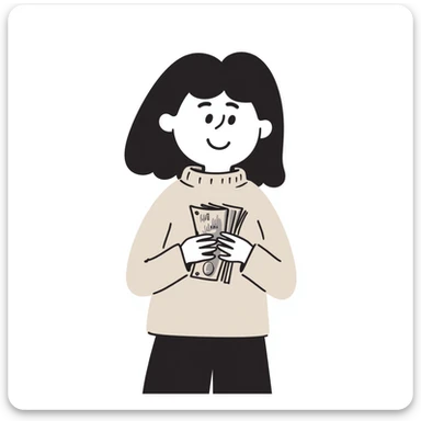 girl with rummy hair in beige sweater happy with money in hands sticker