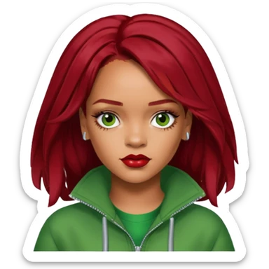 Rihanna dark red hair, green outfit sticker
