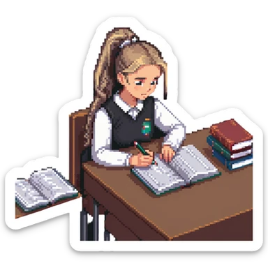 Girl with ponytail working on exam at desk with textbooks sticker