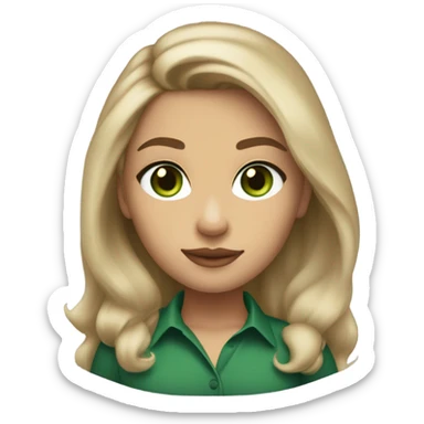 light tan skin, high cheekbone, solo dark blonde girl with green eyes,long sleeve shirt medium cup, long blow out hair, baddie, middle part, sultry sticker