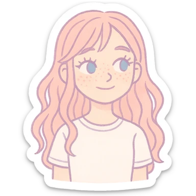 pastel-toon style adolescent girl with long wavy hair, freckles, long eyelashes, white top, no background sticker