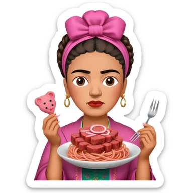 frida khalo holding pink spam meat spaghetti portrait  sticker