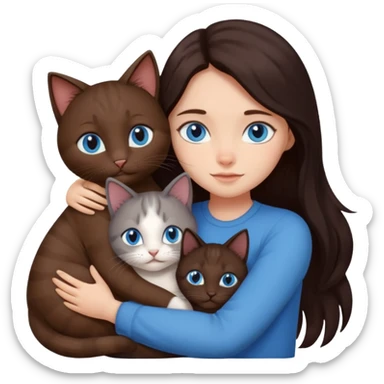a girl with long dark 
brown hair, with blue eyes, hugs 3 different natural coloured cats sticker