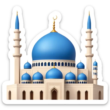 Cinematic Realistic Mohammad Al-Amin Mosque Landmark Emoji, showcasing its striking blue dome, towering minarets, and detailed Arabic calligraphy. sticker