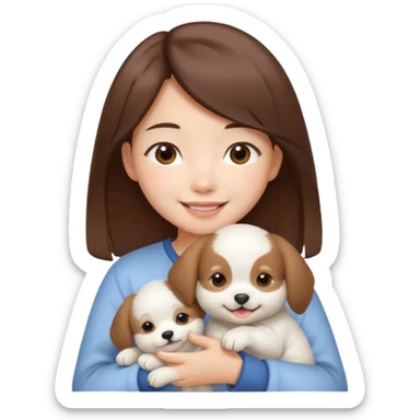 a asian japanese girl with brown hair and no bangs. she is holding a cute white puppy sticker