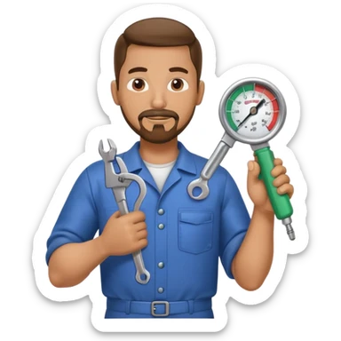 hispanic HVAC repairman action figure with goatee beard holding a wrench and refrigerant gauge sticker