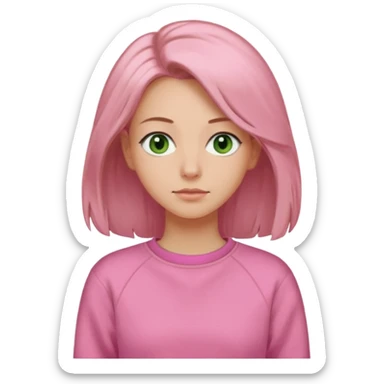  Una donna con una felpa semplice rosa, senza cappuccio,poi i capelli sono lunghi fino alle spalle marroni chiaro,gli occhi sono verdi  sticker