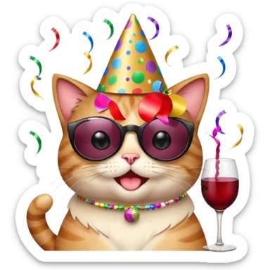 winking happy cat with a massive glittery birthday hat, black sunglasses, and a wine glass, surrounded by confetti and streamers, apple emoji style sticker