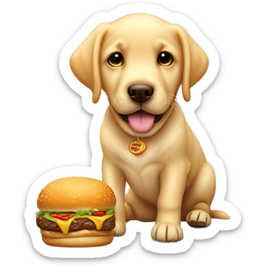 Cute golden Labrador puppy with a big burger sticker
