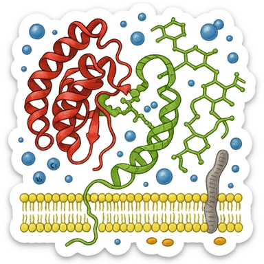 Ultra-realistic scientific illustration of enzymatic starch digestion at the cellular level, rendered in textbook-accurate detail. Show:

Multiple amylase enzyme molecules (red, with clear tertiary structure showing alpha-helices and beta-sheets) actively cleaving
Starch polymers (green amylose/amylopectin with accurate glucose unit linkages - α(1→4) and α(1→6) branches)
Cell membrane segment (yellow phospholipid bilayer with integral proteins and cholesterol molecules)
Reaction environment (blue water molecules, ionic interactions, pH-sensitive groups)
Molecular interactions (hydrogen bonds, substrate-enzyme transition state, electron cloud textures)
Technical Specifications:

Background: Pure white (#FFFFFF)
Accuracy: PDB-level structural correctness (reference 1SMD for amylase)
Exclusions: No labels
Special Details to Include:

Catalytic triad (Asp197, Glu233, Asp300) in amylase active site
Starch helix distortion during hydrolysis
Membrane protein channels for glucose transport sticker