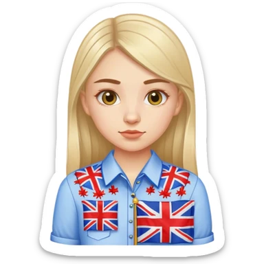 A Ukrainian girl in an embroidered shirt holds a British flag sticker
