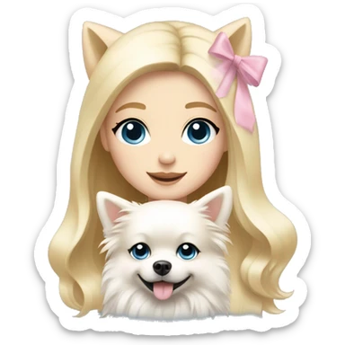 Blond girl white skin blue eyes hugging white Pomeranian with light pink bow sticker