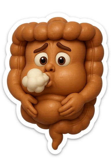 emoji stile iphone di un intestino che ingoia una nuvoletta di aria ben visibile e gli si gonfia la pancia, iperrealistico 4k sticker
