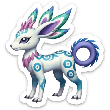 Tropical Tiny Marked Patterned Tribal Colorful Skilled Adept Graceful Asian Painted Garurumon-Meloetta-Absol-Suicune-Cobalion-fusion-hybrid-creature (full body) sticker