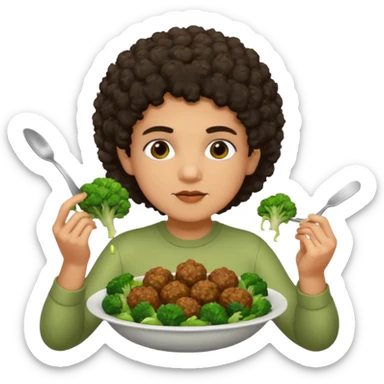 Grillo con capelli ricci scuri che mangia broccoli bolliti e polpette sticker