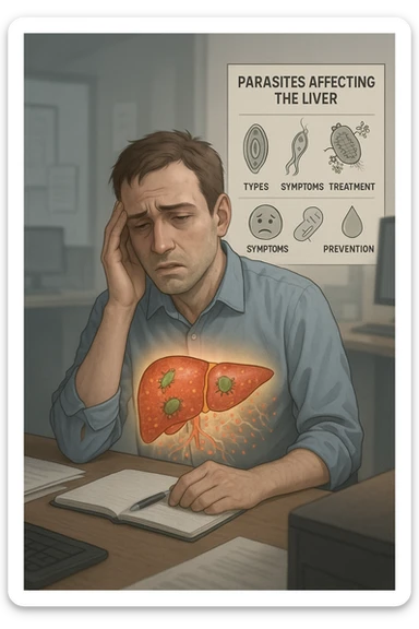 Man sitting at office desk experiencing subtle symptoms of liver dysfunction, upper abdominal pain, nausea, and unexplained fatigue Parasites: Types, Symptoms, Treatment & Prevention, expression of confusion about vague health issues, liver shown in transparent overlay with early inflammation, toxins beginning to accumulate in bloodstream, productivity declining as liver struggles to filter properly sticker