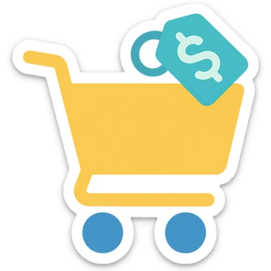 Shopping cart with a price tag, flat emoji style, outline with blue and turquoise colors sticker