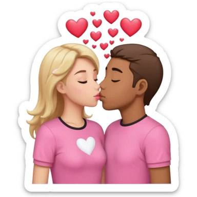 Couple kissing pink shirts, hearts floating around  sticker