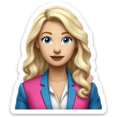 a 25 years old business woman in finance with long curled platinum blonde hair wearing hot pink blazer. she is white and has blue eyes with a pink blazer sticker