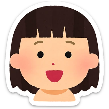 Irasutoya style head, round face, soft colors, simple features, cheerful expression, straight hair with bangs, no neck sticker