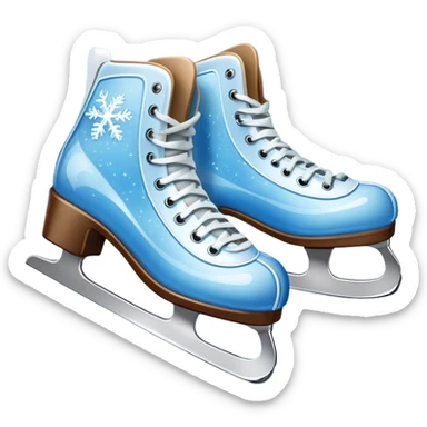 An icon showing In the background, twinkling lights, winter trees, and blue sky. a pair of elegant ice skates gliding across a smooth, frozen rink with snowflakes in the air. Transparent background highlights the grace and charm of ice skating. sticker