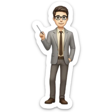 Pale skinned fit man with dark brown hair in gray jacket, beige office shirt, brown tie, brown pants and vintage glasses Writing on the flipchart sticker