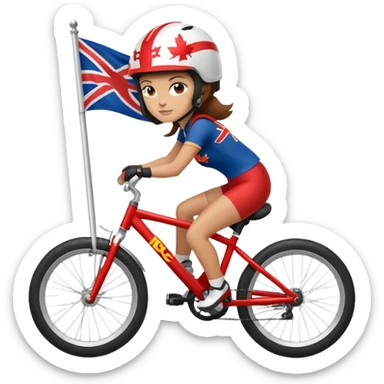 white woman with brown hair riding a bike with a dc flag helmet sticker