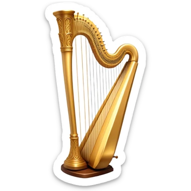 Cinematic Realistic Harp, a grand golden harp with intricately carved details, delicate strings shimmering under soft candlelight, rich wood tones adding warmth, a musician’s gentle fingers plucking a note, glowing with an ethereal and majestic aura. sticker