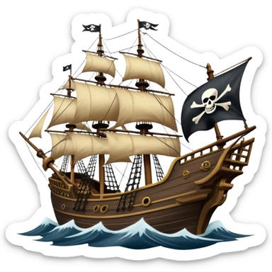 An icon representing an adventure game, inspired by high-seas exploration. The design features a fearless pirate gripping the wheel of a grand sailing ship, its tattered Jolly Roger flag billowing as it cuts through stormy waters. The scene evokes danger, treasure, and the thrill of the open sea. Transparent background. sticker