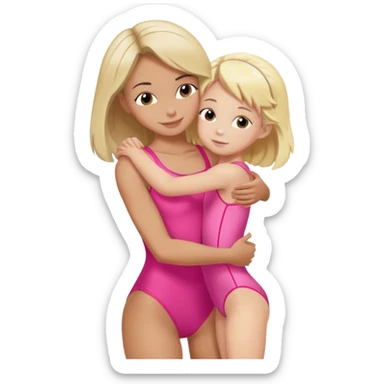 brunette trainer hugs a blonde child in a pink leotard sticker