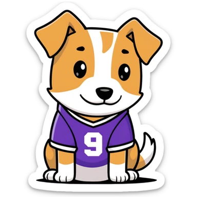 Dog in the street with a purple jersey wearing 9 sticker