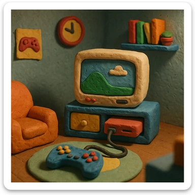 gaming room with playful details in claymation style sticker