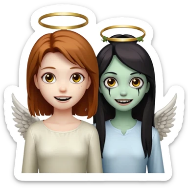 девушка ангел с нимбом и крыльями, с рыжими прямыми волосами по плечи, с улыбкой, стоит рядом с девушка зомби с темными длинными прямыми золосами, со злым выражением лица и ровными белыми зубами в стиле Apple avatar sticker