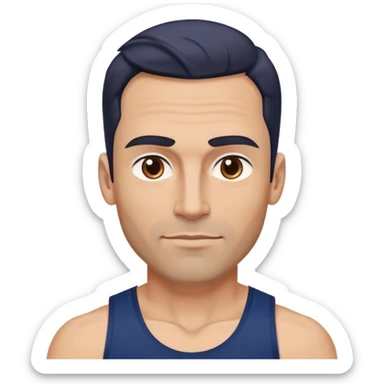 Youthful-looking athletic 40-year-old man with light brown skin, elongated face, defined jawline, attractive features, medium dark eyes, arched eyebrows, straight nose, confident expression, medium wavy dark hair with modern style, wearing a navy blue tank top sticker