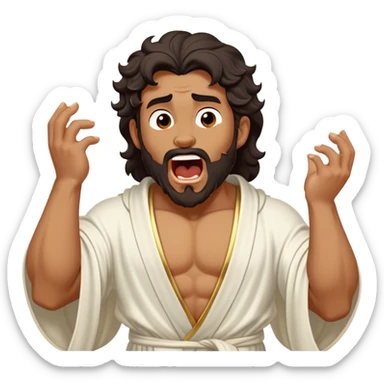 Cinematic Realistic Hercules Portrait, head tilted slightly with a dramatic, wide-open yawn, capturing a moment of relaxed vulnerability in this Disney-inspired Greek hero reminiscent of Michelangelo's David. His idealized bronze skin and thick, wavy dark hair maintain sculptural perfection even in repose, while his flowing white robe with understated golden accents softly catches ambient light, revealing a tender glimpse of serene, timeless strength. sticker