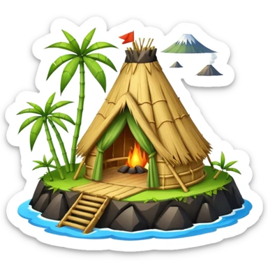 bamboo hut with volcano in the back in Volcano Island  sticker