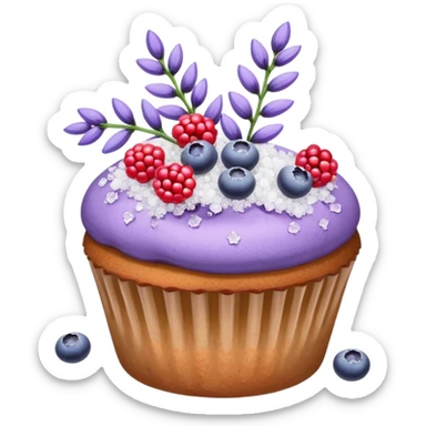 Lavender flower sprigs on a muffin with berries and sugar crystals without frosting  sticker