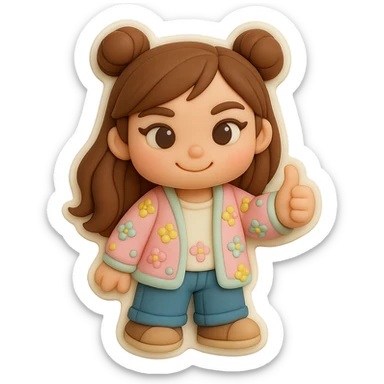 3D chibi fondant cake art style, high-quality rendering with smooth shadows and soft gradients. Girl based on reference image, preserving facial features and eye shape exactly as in the 'thumbs down' sticker. Long brown hair in two space buns, brown eyes, jeans, pastel floral cardigan, shoes. Thumbs up, gentle closed-mouth smile. Thick white outline like a sticker, transparent background. Ensure the face, hairstyle, eye shape, and shoes match the reference exactly. sticker