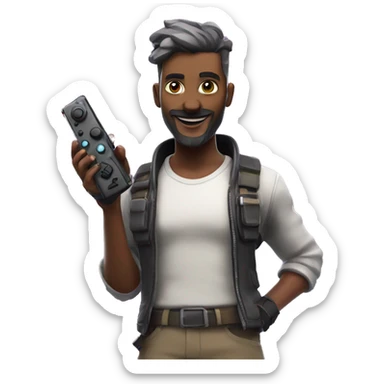 Futuristic fortnite background with a person in their 40s with a game controller sticker